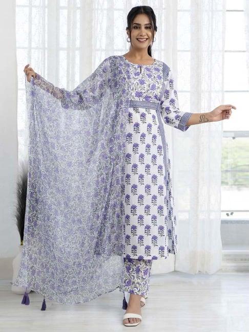 ekohum purple printed a-line kurta with printed pant and dupatta set