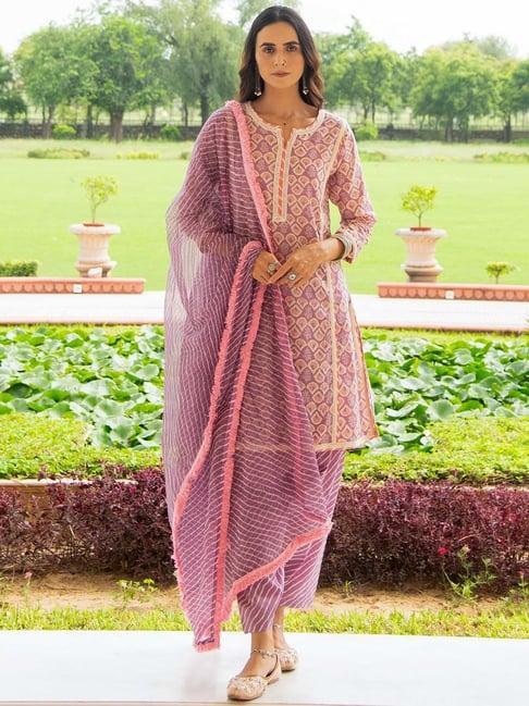 ekohum purple printed mulmul kurta with printed stripes salwar and dupatta set