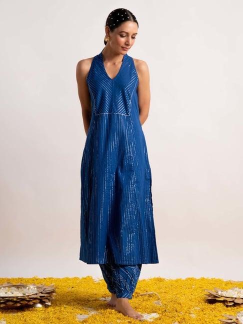 ekohum royal blue lurex a-iine kurta with bandhani print afghani salwar