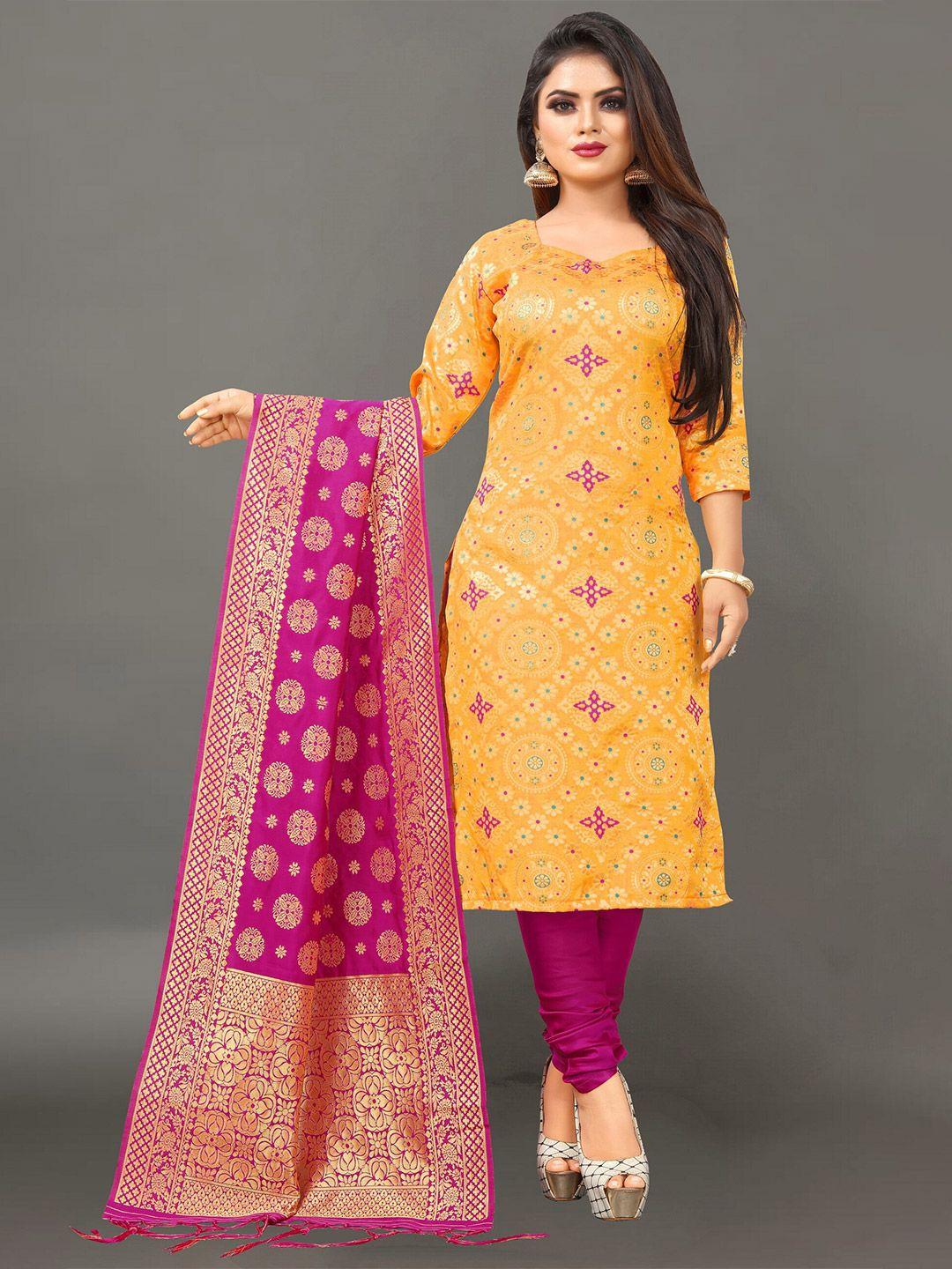 ekta textiles women yellow & pink unstitched dress material