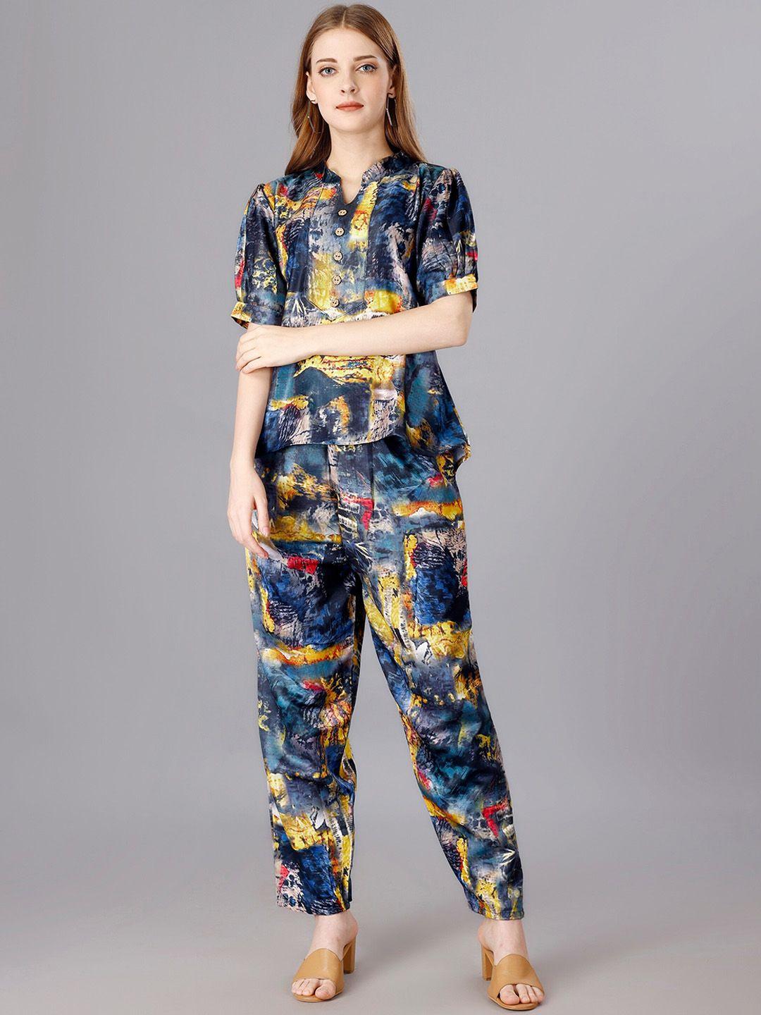 ekta textiles abstract printed mandarin collar tunic with flared trouser