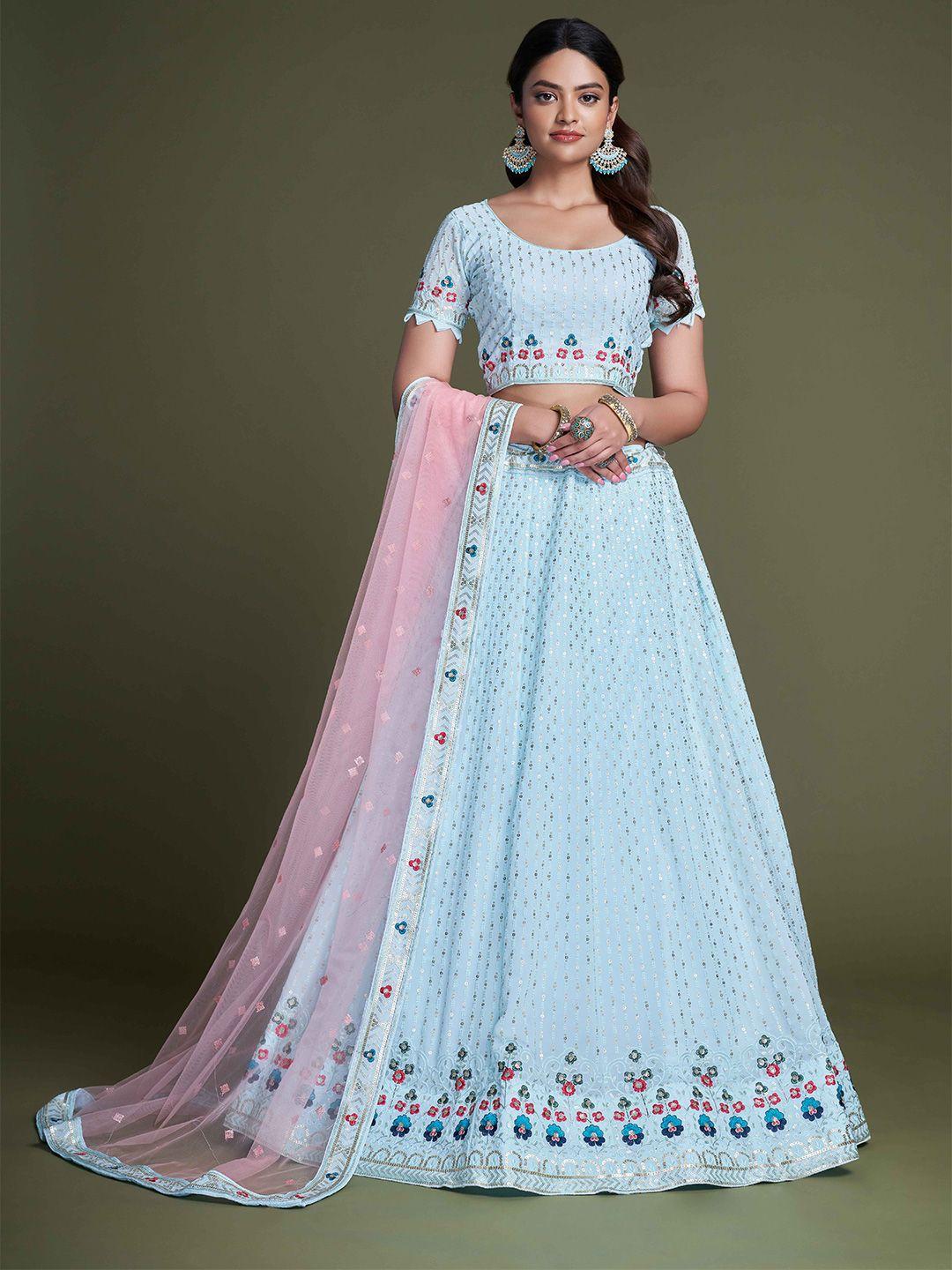 ekta textiles embroidered sequinned semi-stitched lehenga & unstitched blouse with dupatta