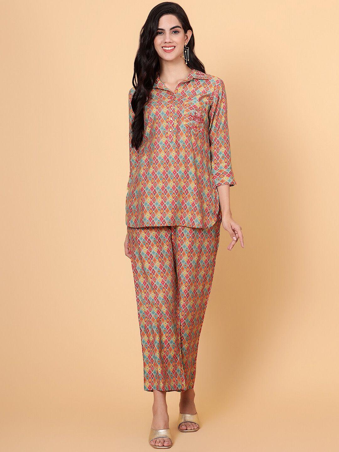 ekta textiles ethnic motifs printed  shirt collar co-ord's set