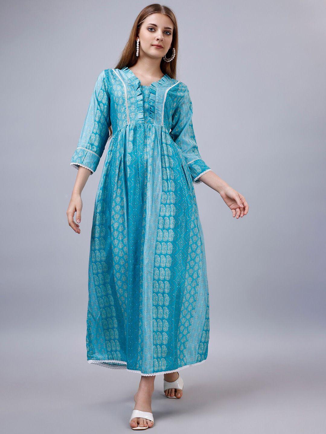 ekta textiles ethnic motifs printed chanderi cotton silk fit and flare maxi ethnic dress