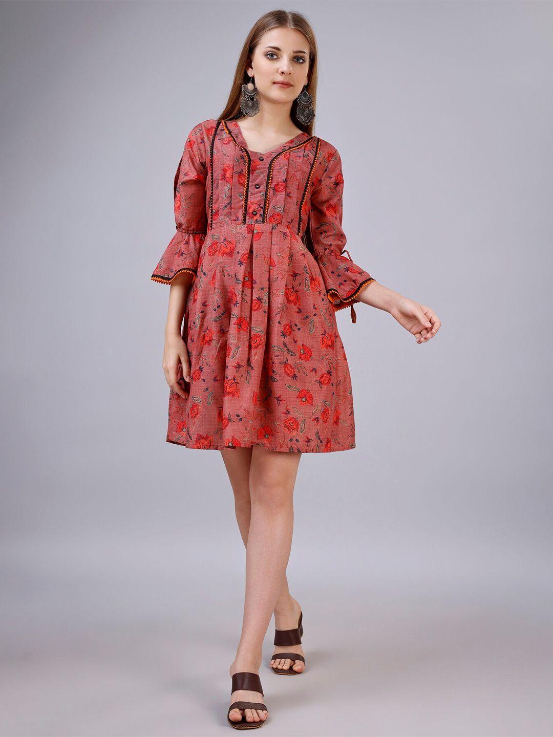 ekta textiles floral printed bell sleeves pleated cotton fit & flared dress