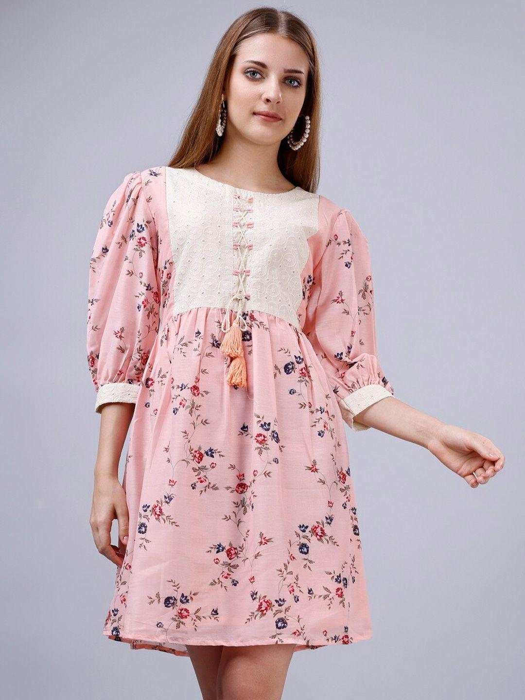 ekta textiles floral printed puff sleeve cotton silk a-line dress