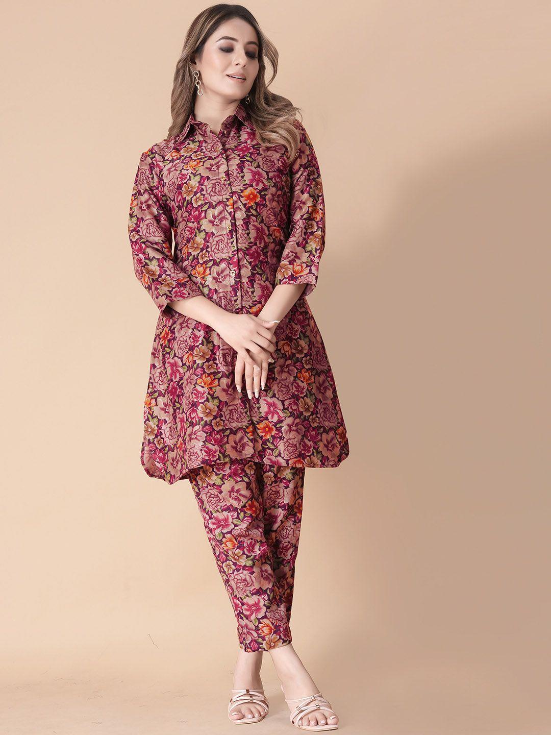 ekta textiles floral printed shirt collar tunic with trouser