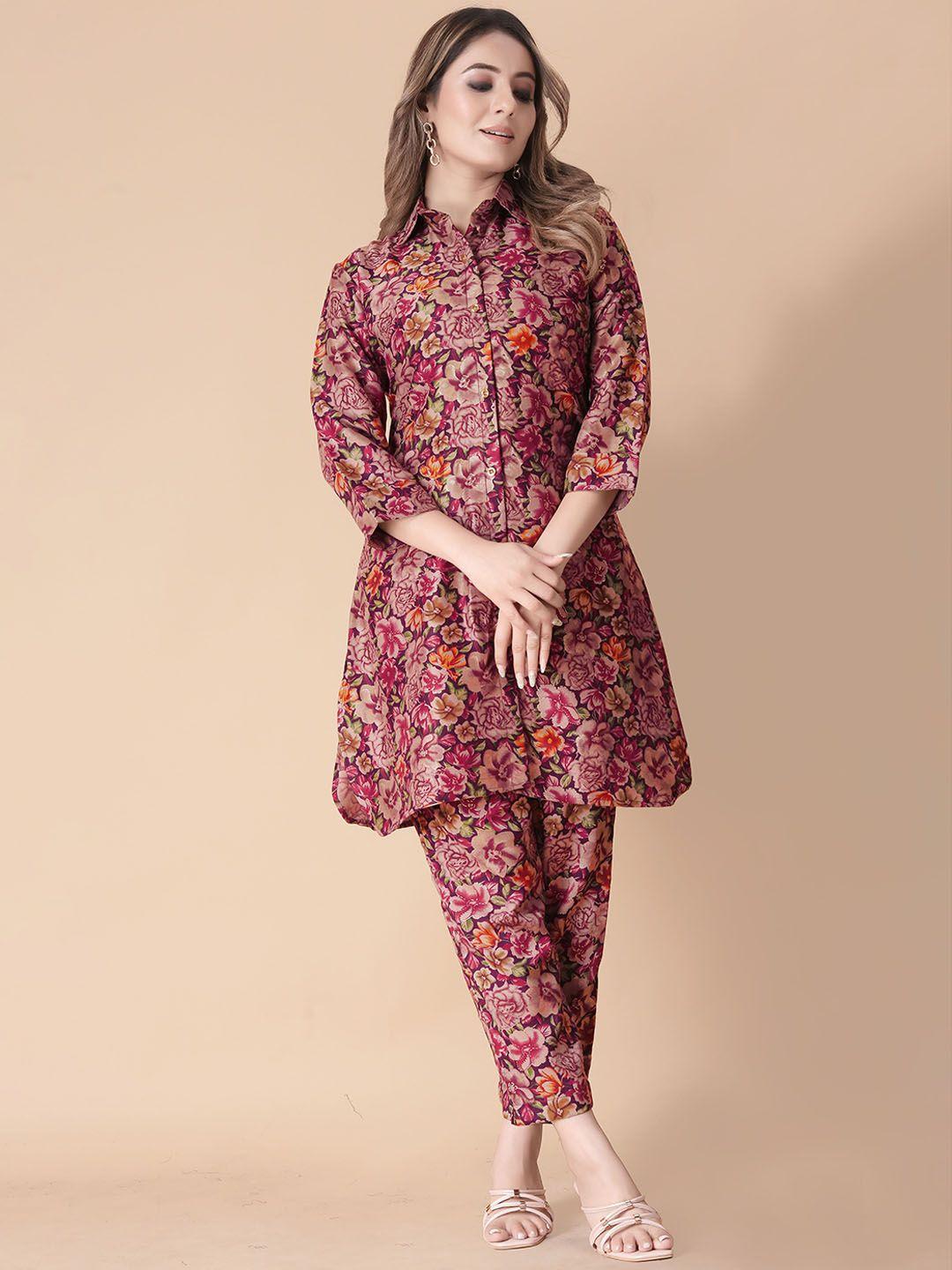 ekta textiles floral printed shirt-collar tunic with trousers co-ords