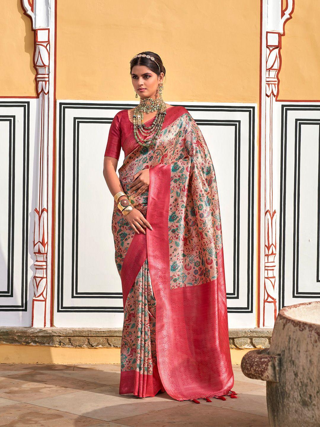 ekta textiles floral printed zari pure silk banarasi saree
