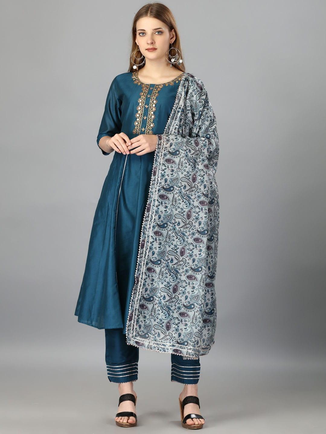ekta textiles floral yoke design thread work chanderi cotton kurta with trousers & dupatta