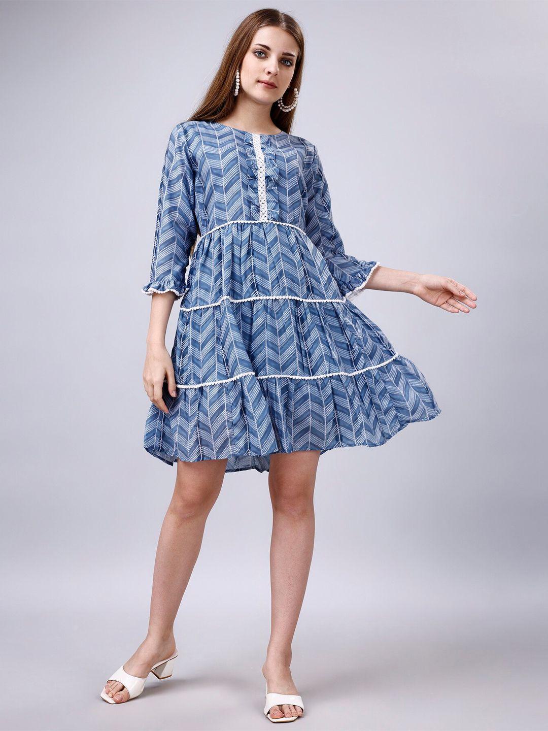 ekta textiles geometric printed cotton tiered pleated fit & flare dress