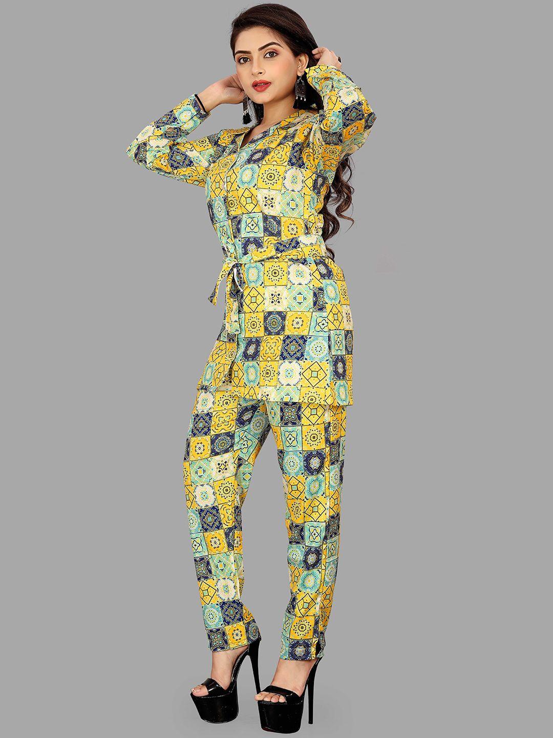 ekta textiles geometric printed cuban collar tie-up shirt with printed trousers