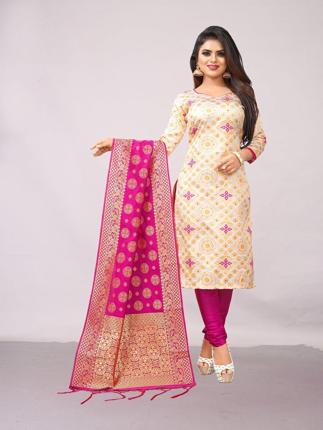 ekta textiles white & pink unstitched banarasi dress material