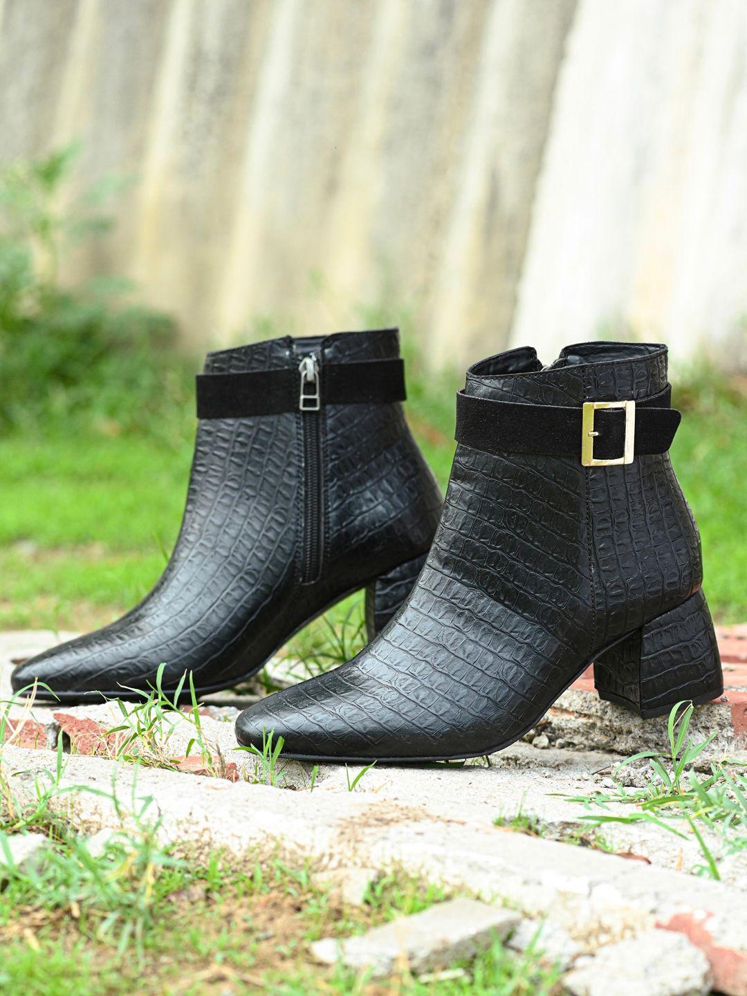 el paso women textured mid top block heel leather regular boots with buckle detail