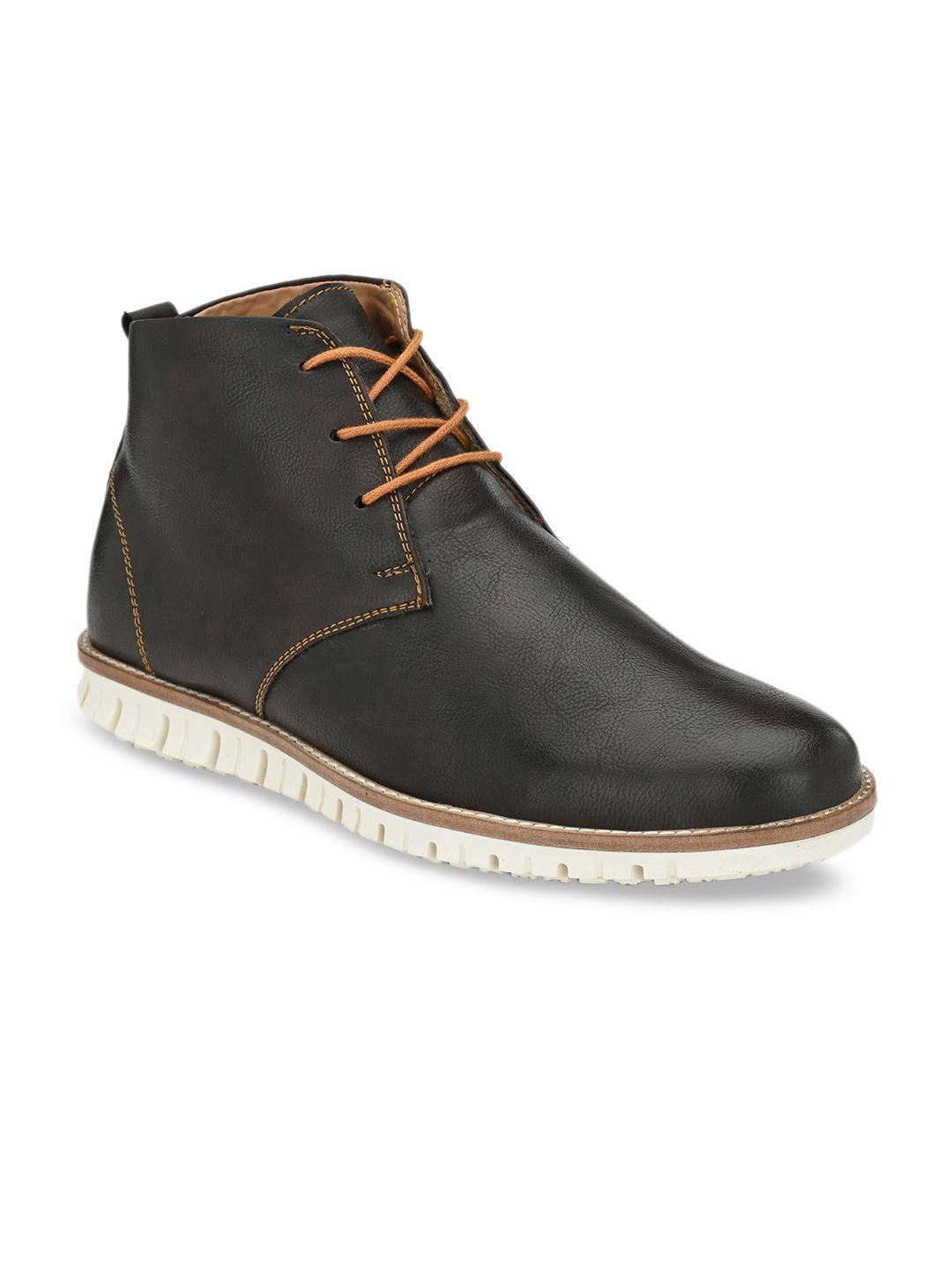 el paso men black solid synthetic leather mid-top flat boots