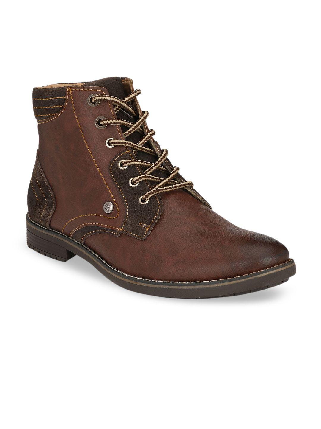 el paso men brown solid synthetic leather mid-top flat boots