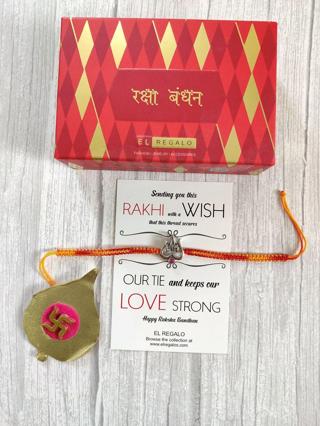 el regalo 925 red rakhi for brother with rakhi card and roli chawal shagun
