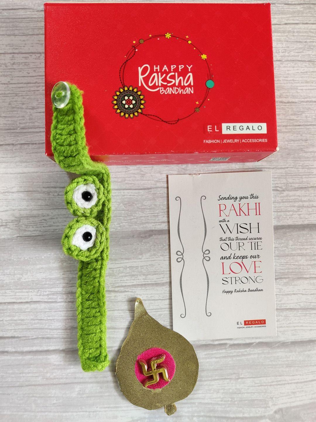 el regalo green & white braided rakhi with roli chawal & greetings card