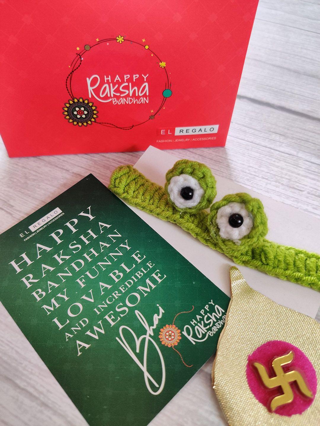 el regalo green knitted rakhi with card