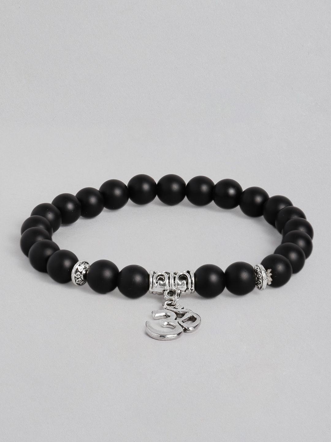 el regalo men black & silver-toned handcrafted om elasticated charm bracelet