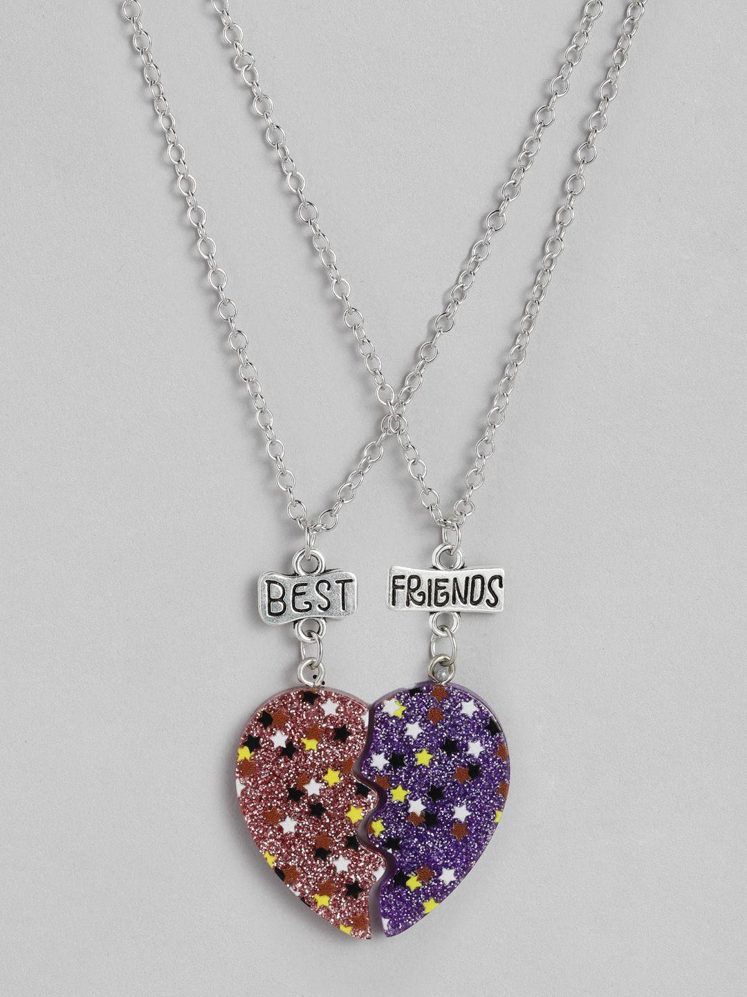 el regalo set of 2 orange & purple heart shaped best friends glitter link necklace