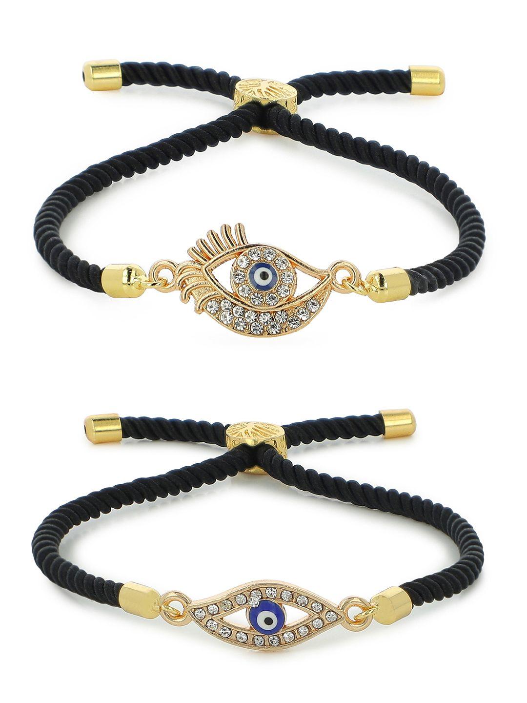 el regalo unisex pack of 2 black & gold-toned wraparound bracelet