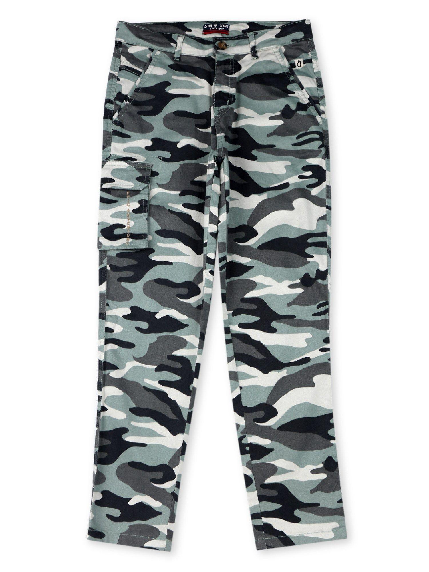 elasticated fixed waist boys olive camouflage pant