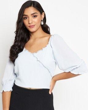 elbow length square-neck crop top