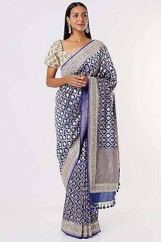 electric blue banarasi embroidered saree set