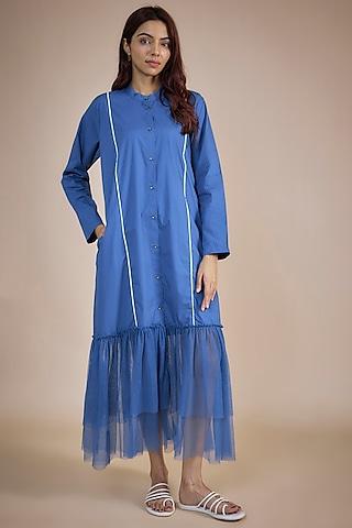 electric blue cotton poplin frilled maxi dress