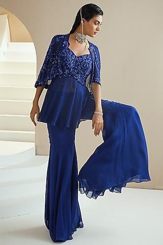 electric blue embroidered cape set