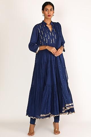 electric blue embroidered kurta set for girls