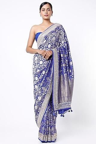 electric blue hand embroidered saree set