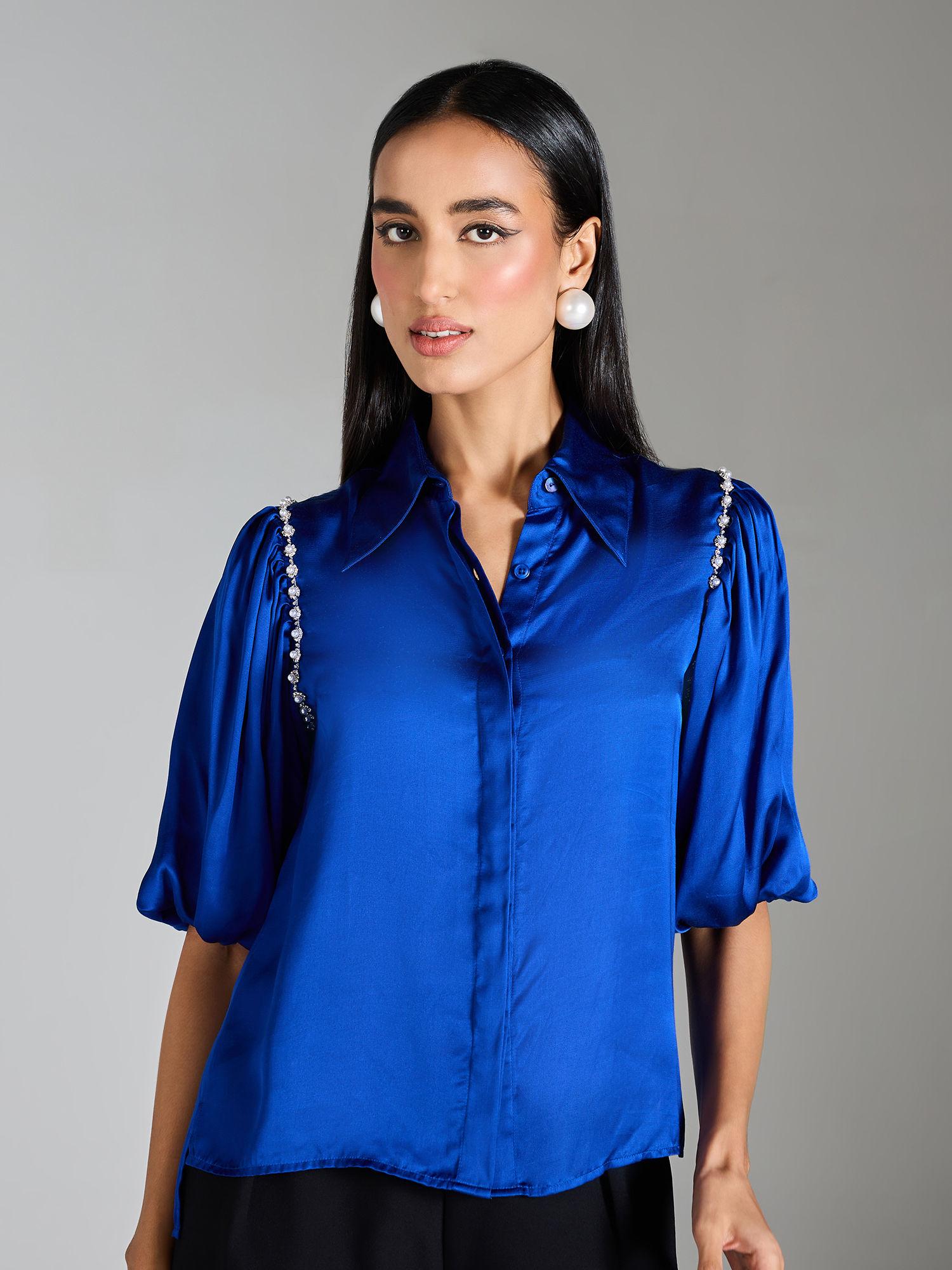 electric blue solid puff sleeves shirt