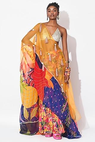 electric blue & ochre organza hand embroidered cape set