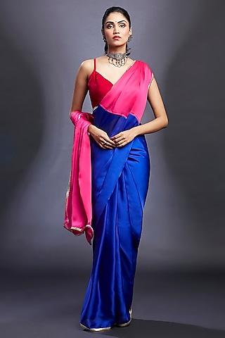 electric blue & rani satin embellished color-blocked saree set
