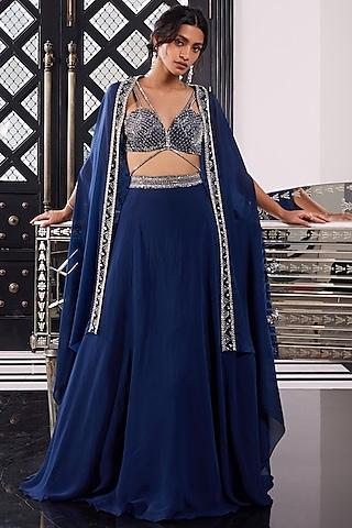 electric blue cape set with embroidery