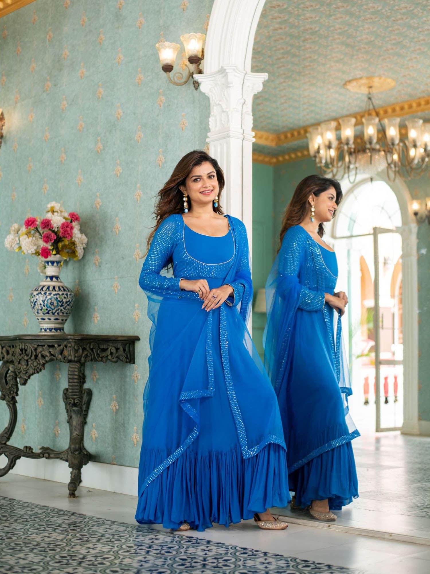 electric blue choli style maxi dress & dupatta (set of 2)