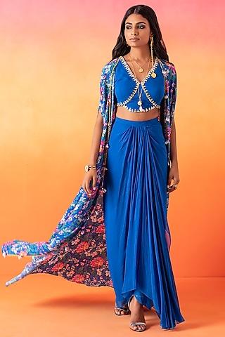 electric blue crepe printed cape set