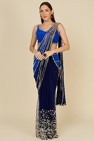 electric blue embellished pre-stitched saree set