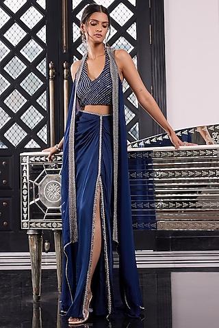 electric blue embroidered cape set