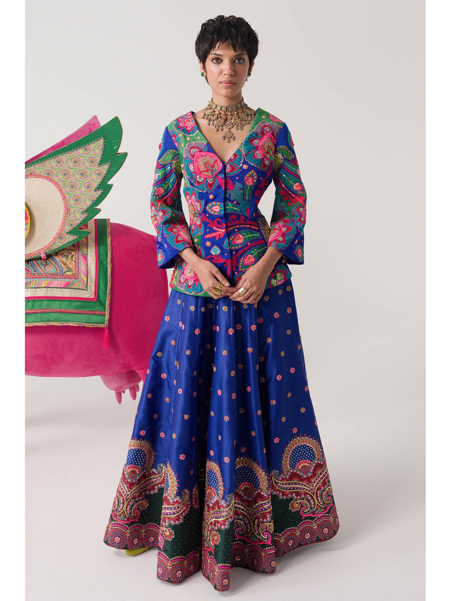 electric blue embroidered peplum top and lehenga (set of 2)