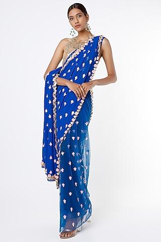 electric blue embroidered saree set