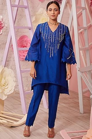 electric blue embroidered tunic set