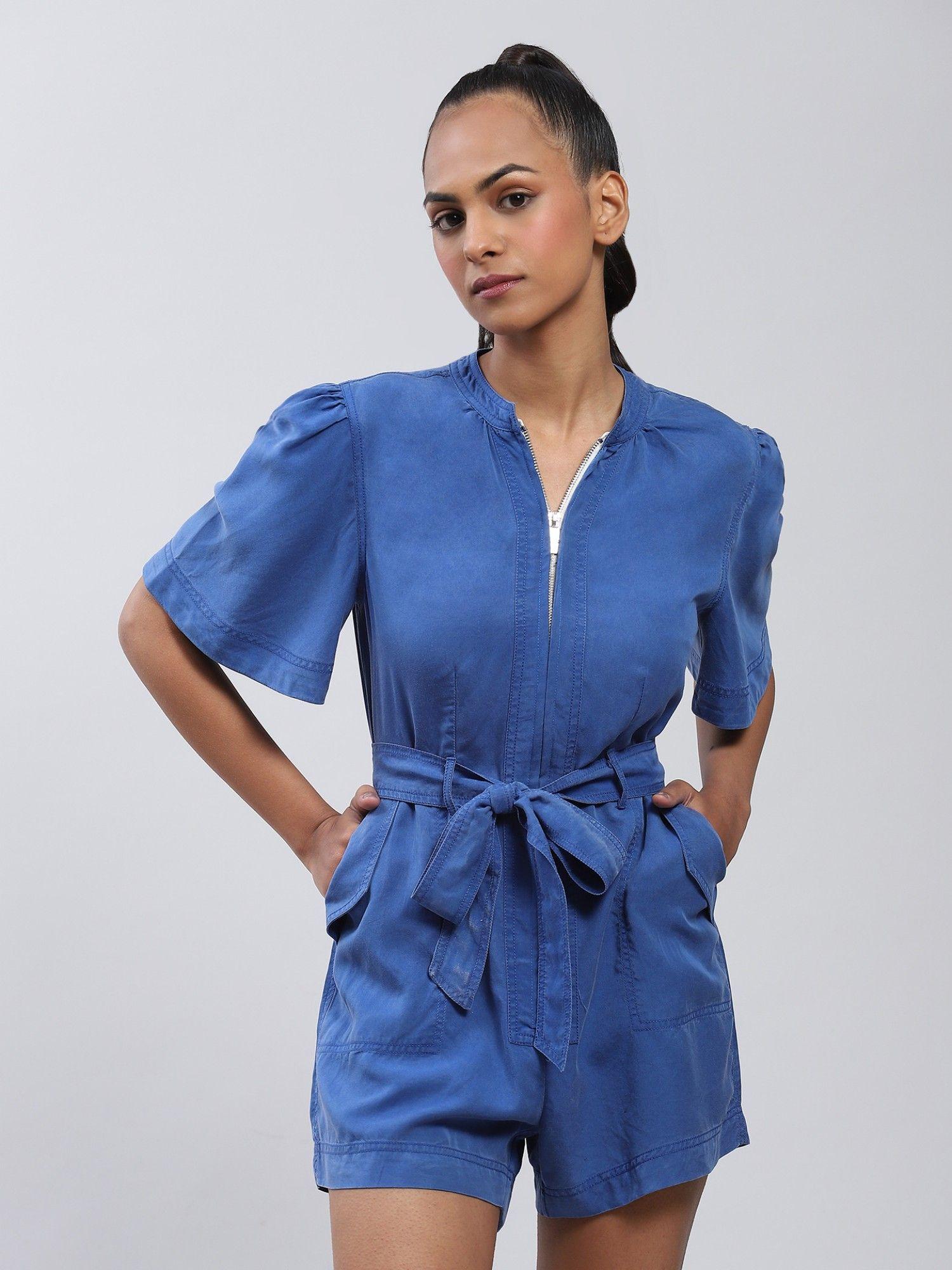 electric blue front zip playsuit with belt (set of 2)