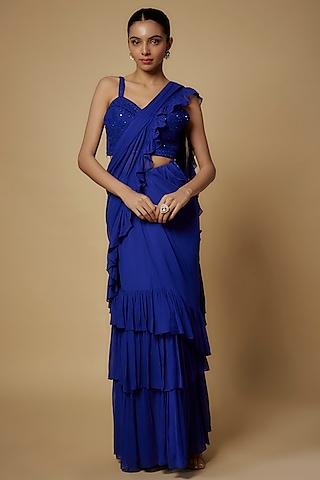 electric blue georgette draped saree set