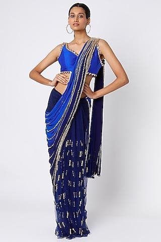 electric blue georgette pre-stitched saree set