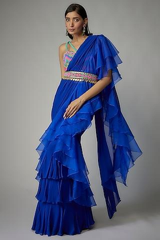 electric blue georgette skirt saree set