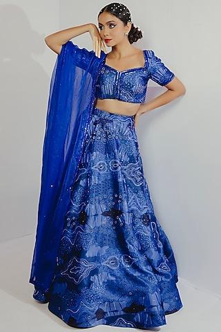 electric blue hand embroidered & printed lehenga set