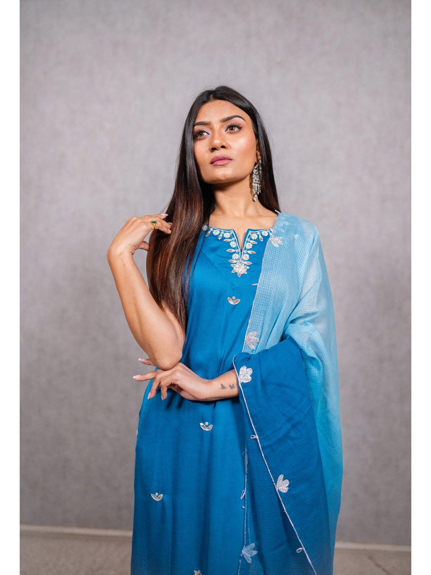 electric blue hand embroidered kurta